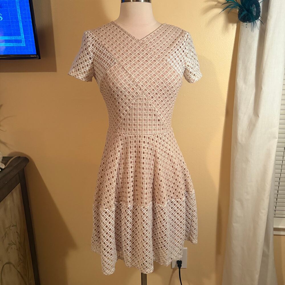 BCBG Max Azria Women's XS Beige and Cream Eyelet Dress Fit & Flare